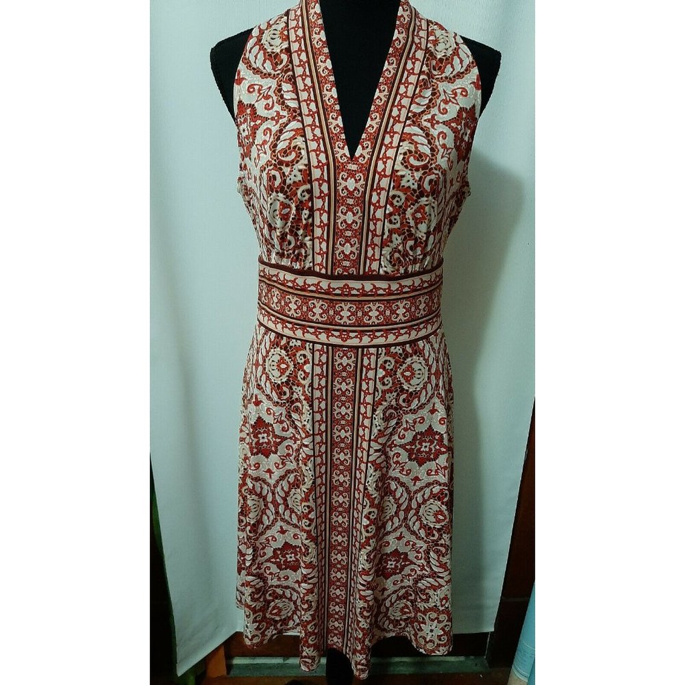 London Times Red Orange Flower Size 8 Stretch Women's Dress